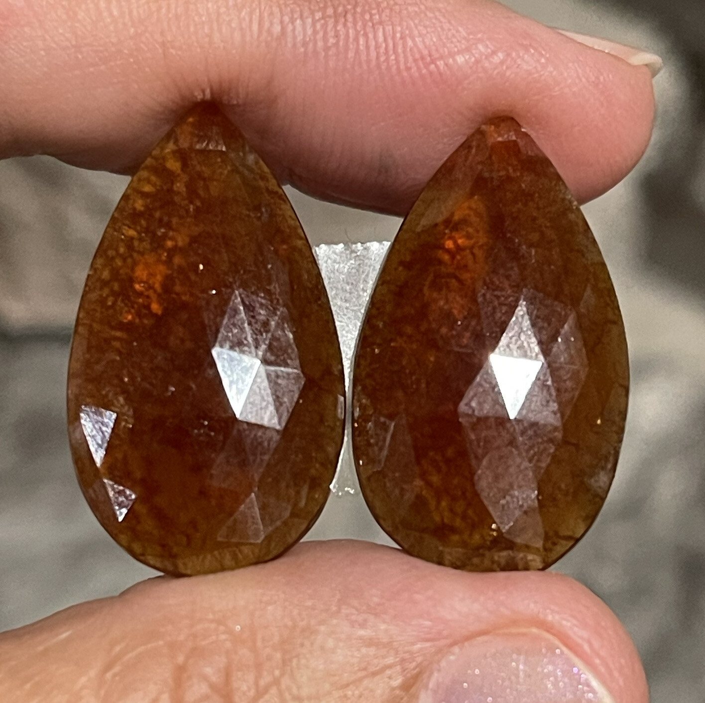 37.5ct 28x16x4.5mm Pair Fine Rose Cut Flat Back Hessonite Garnet Drop Cabochons