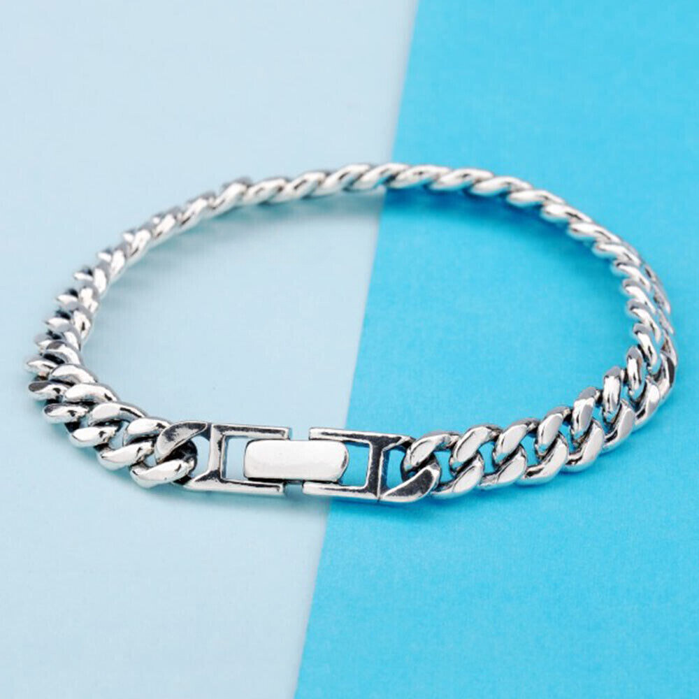 Pure S925 Sterling Silver Chain 5mm-8mm Cuban Curb Link Bracelet 6.7-8.7inch L