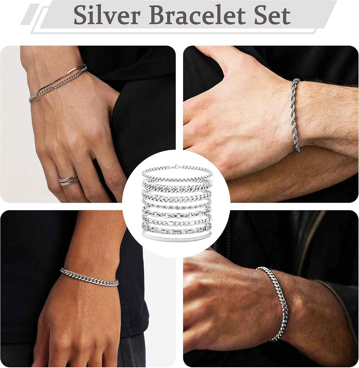 Chain Bracelet for Men Stainless Steel Cuban Link Curb Figaro Herringbone Rope P