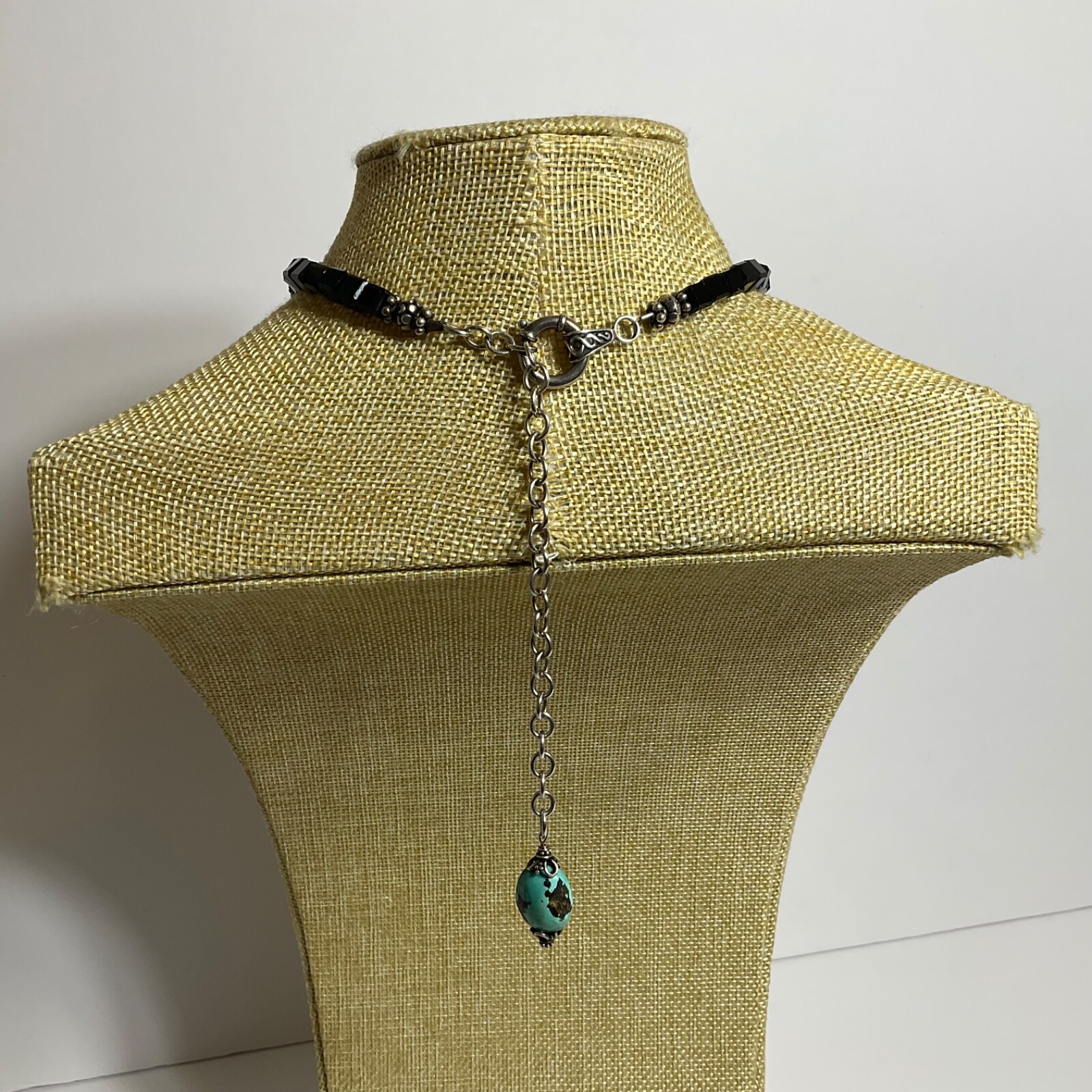 Vtg Genuine Turquoise Black Glass Beaded & Drop Pendant Necklace Earring Set 925