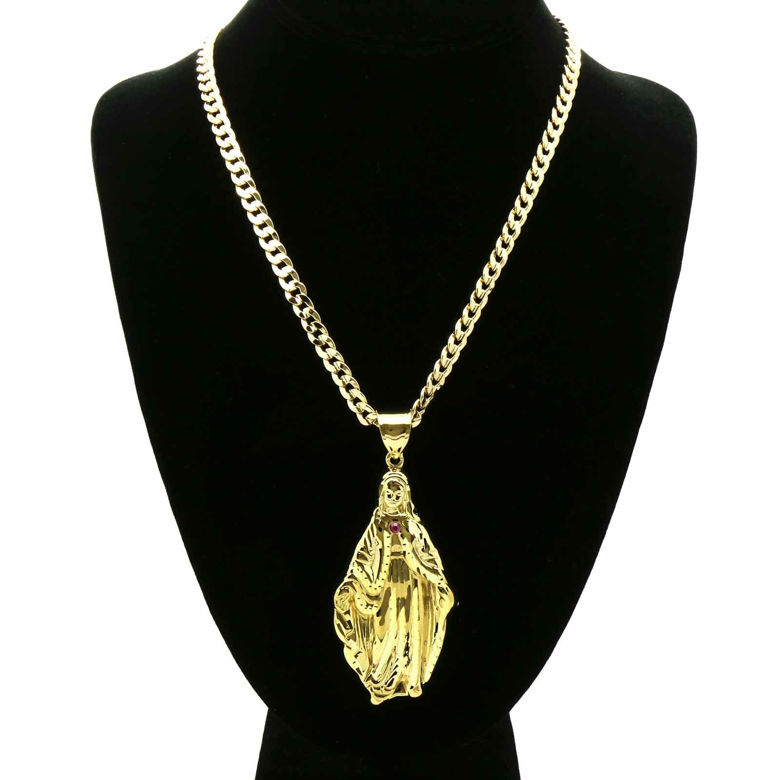 18k Gold Plated Virgin Mary Religious Pendant Cubic Zirconia 24″ Cuban Chain L