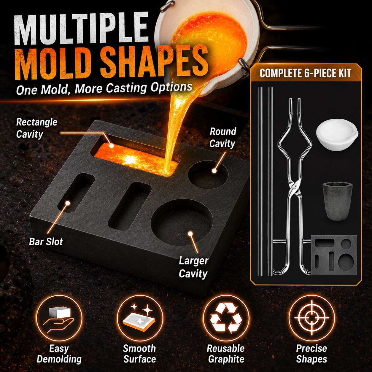 6Pack Graphite Ingot Crucible Mold Torch Melting Kit Gold Silver Copper Jewelry