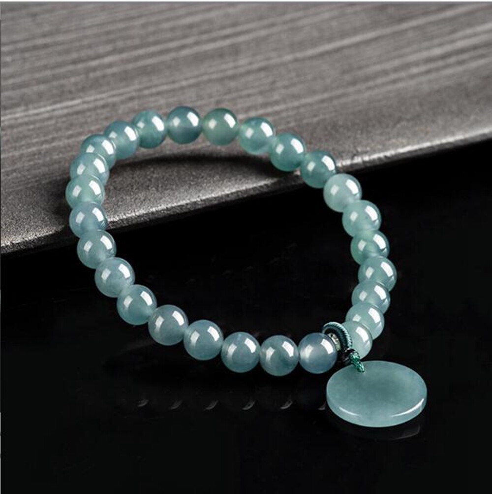 Certified Green Natural Burma A Jade jadeite 6mm Round Beads 无事牌 Couple Bracelet