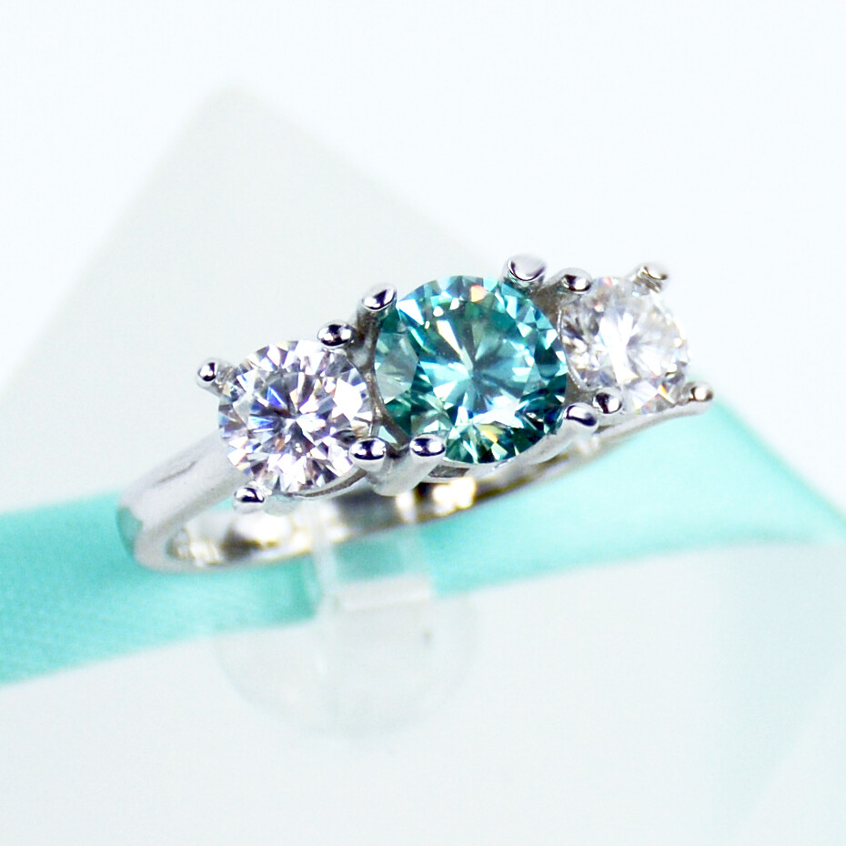 1Carat Blue Moissanite 5mm White Moissanite 3Stone Engagement Ring, Total 2Carat