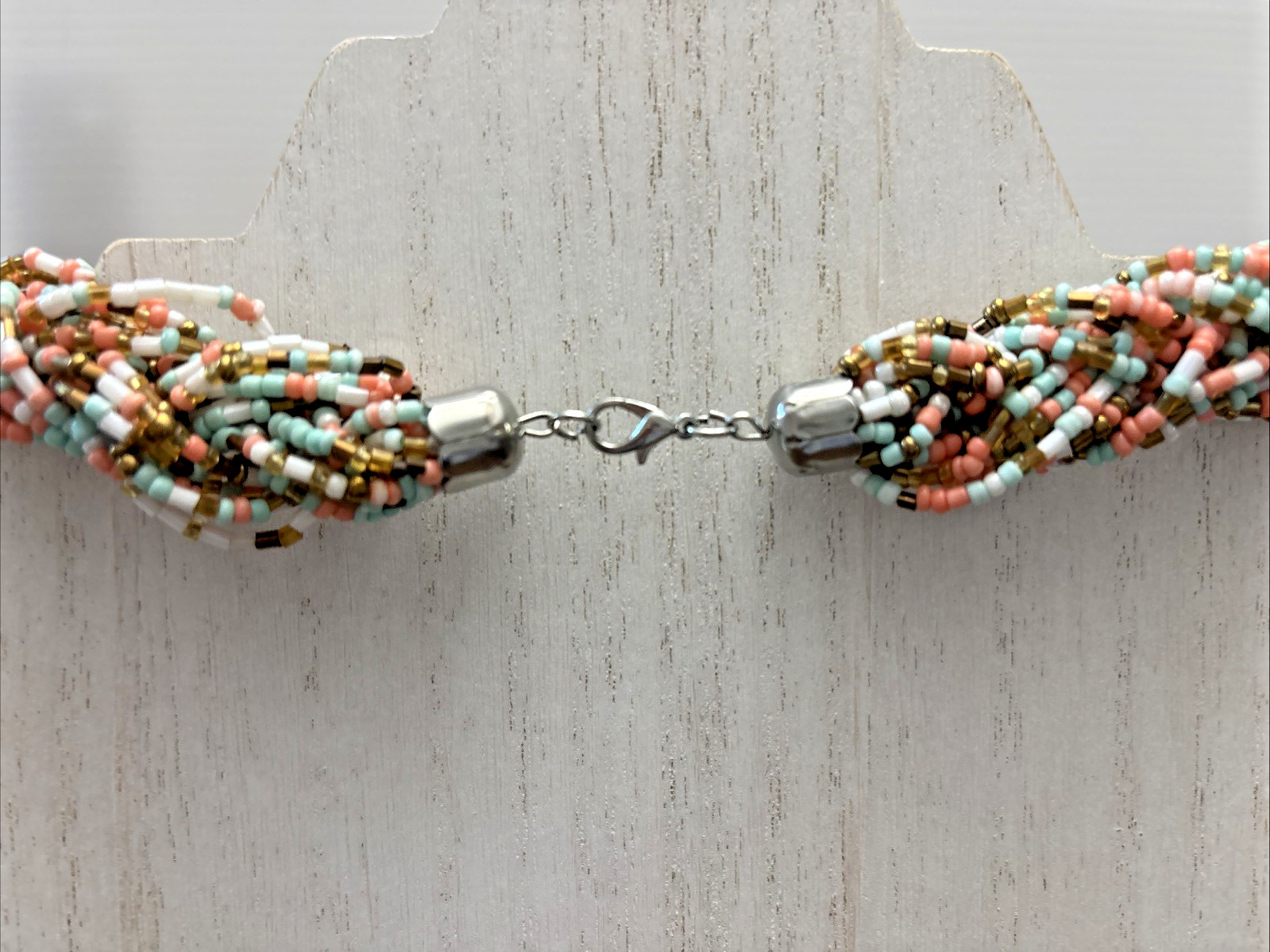 Handcrafted Beaded Necklace Brown Pink Turquoise White Pattern 24 Inch Long