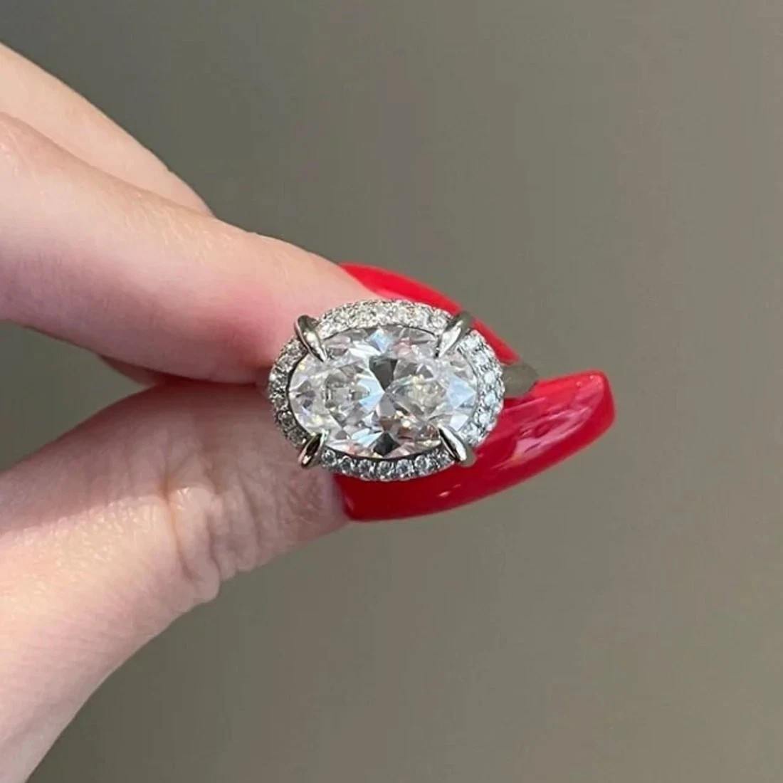 2.70 CTW Oval Moissanite East West Halo Engagement Ring 14K White Gold Plated