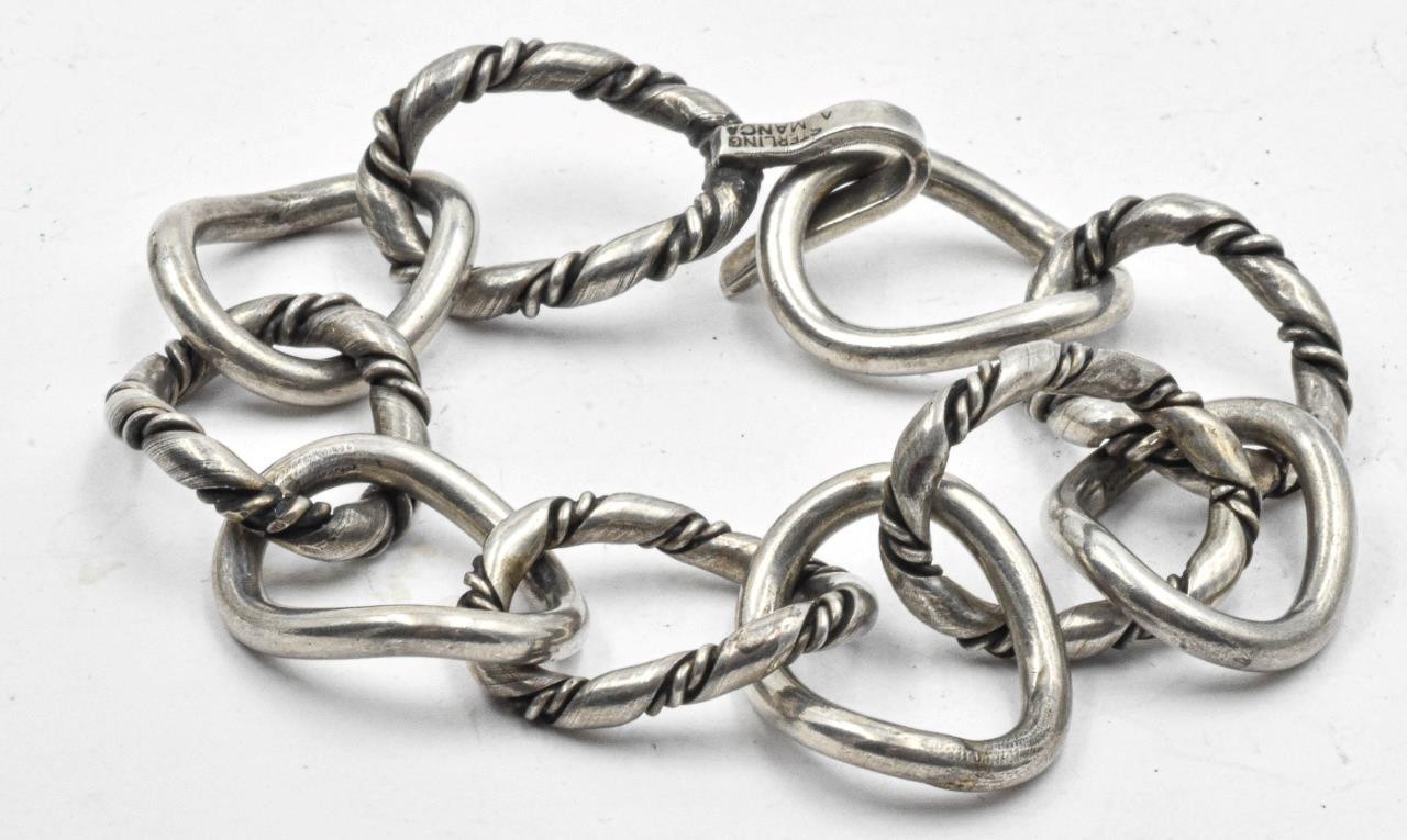 Estate Designer signed Albino A Manca Sterling Silver oval cable 7″ Bracelet