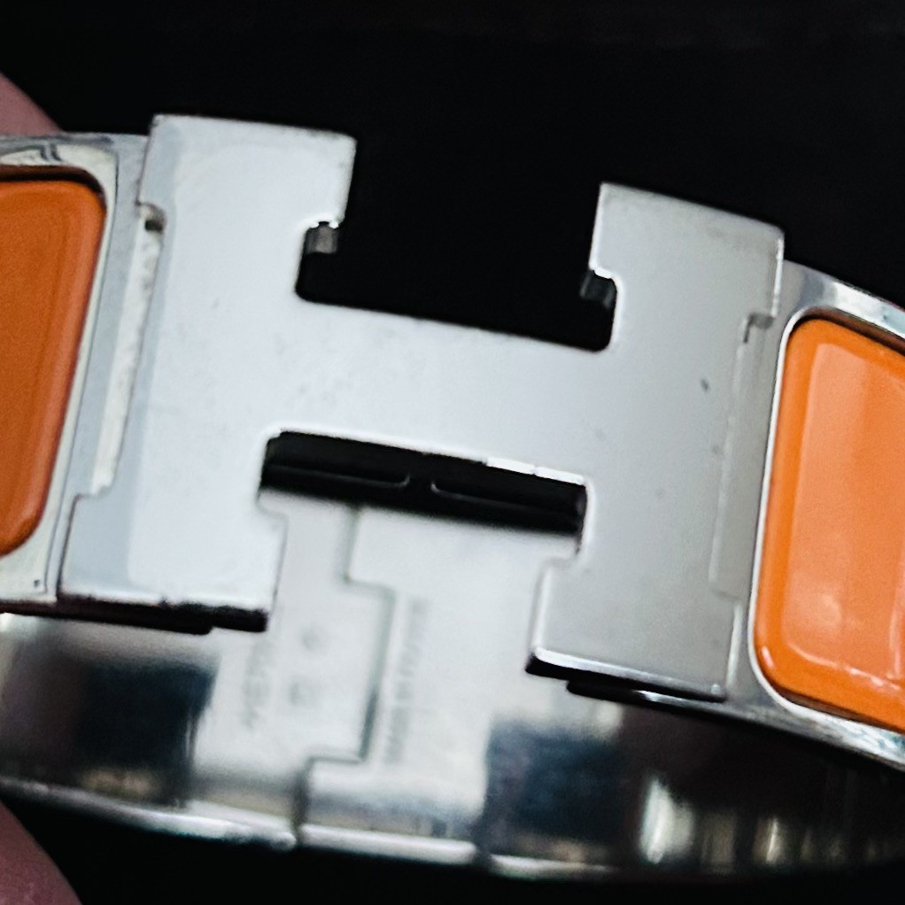 Hermes Signed Orange Enamel .75 In Wide Clic Clac H Bracelet Silver Palladium