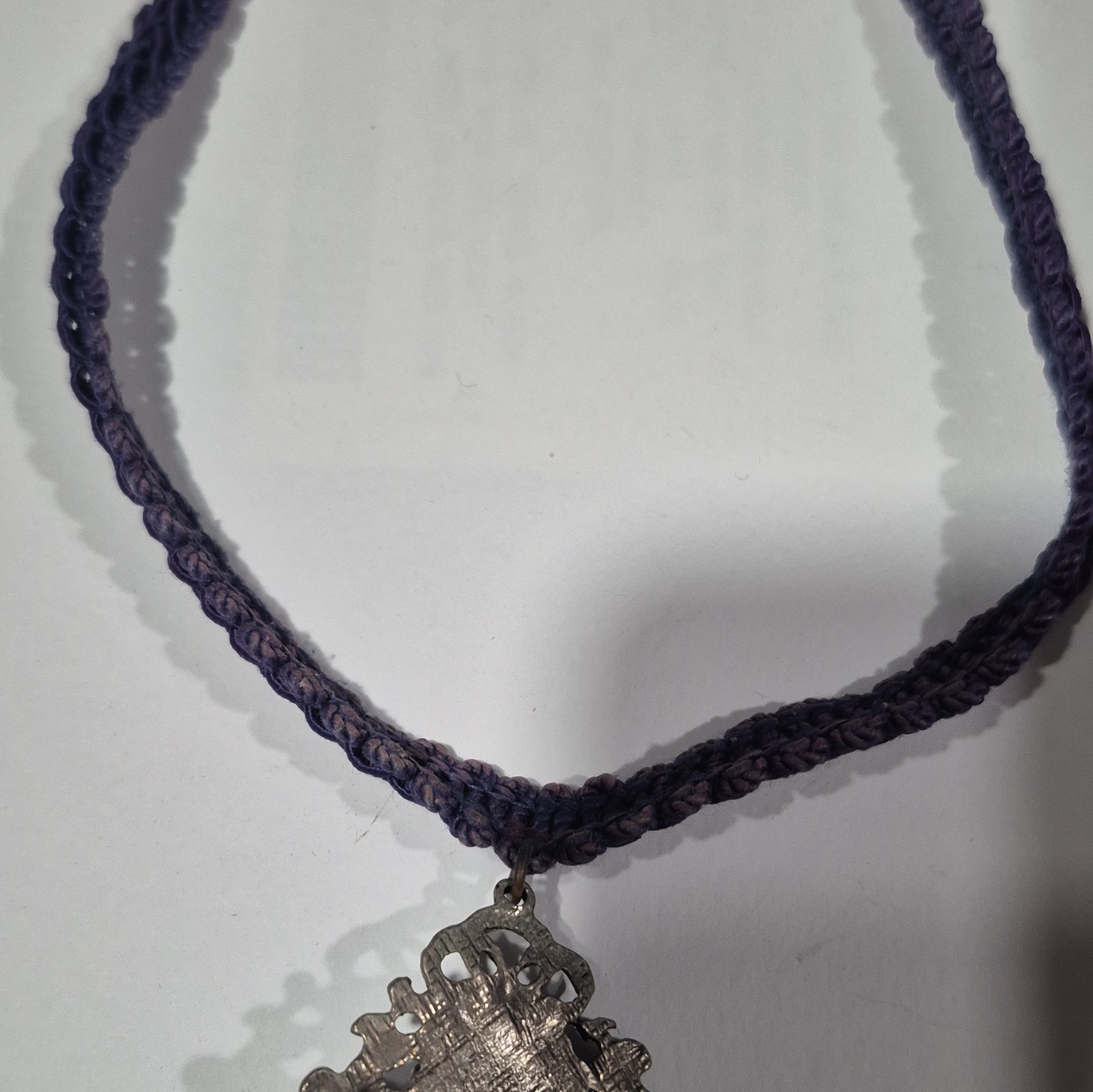 Purple Cord Choker Necklace Silver-Tone Filigree Blue Oval Glass Pendant 16 in