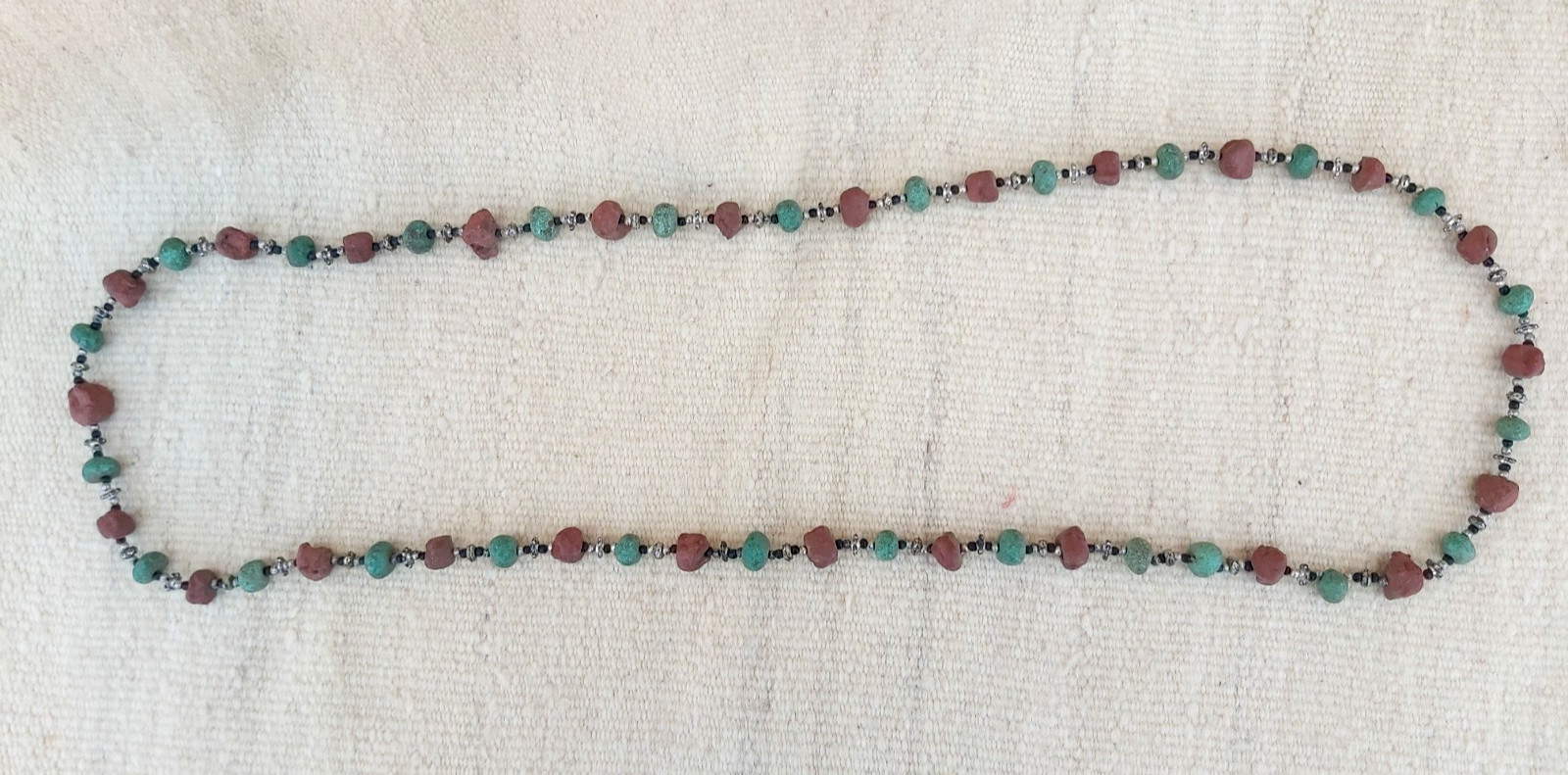 Vintage Tribal Terracotta & Turquoise Green Bead Necklace Long Boho Ethnic Stran