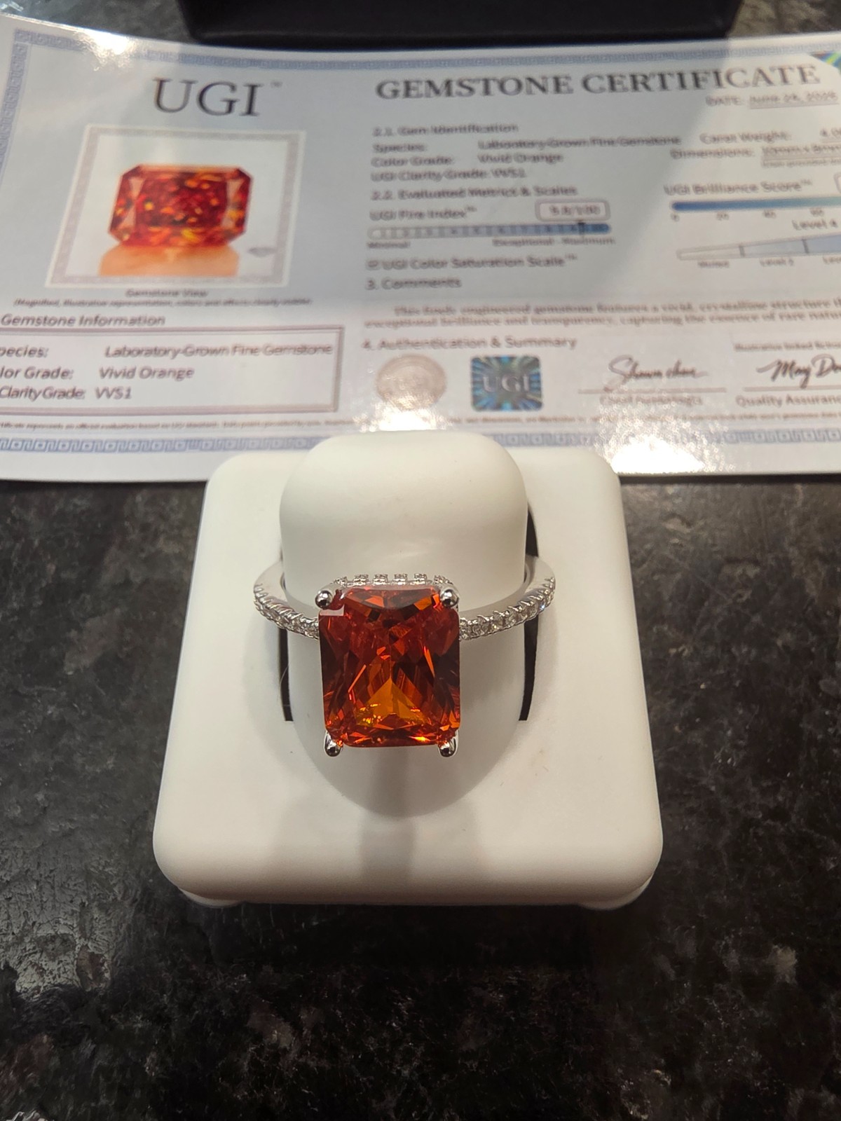 4ct Vivid Orange Lab-Gem Ring, Premium Moissanite Accents, Solid s925 size 7,8,9