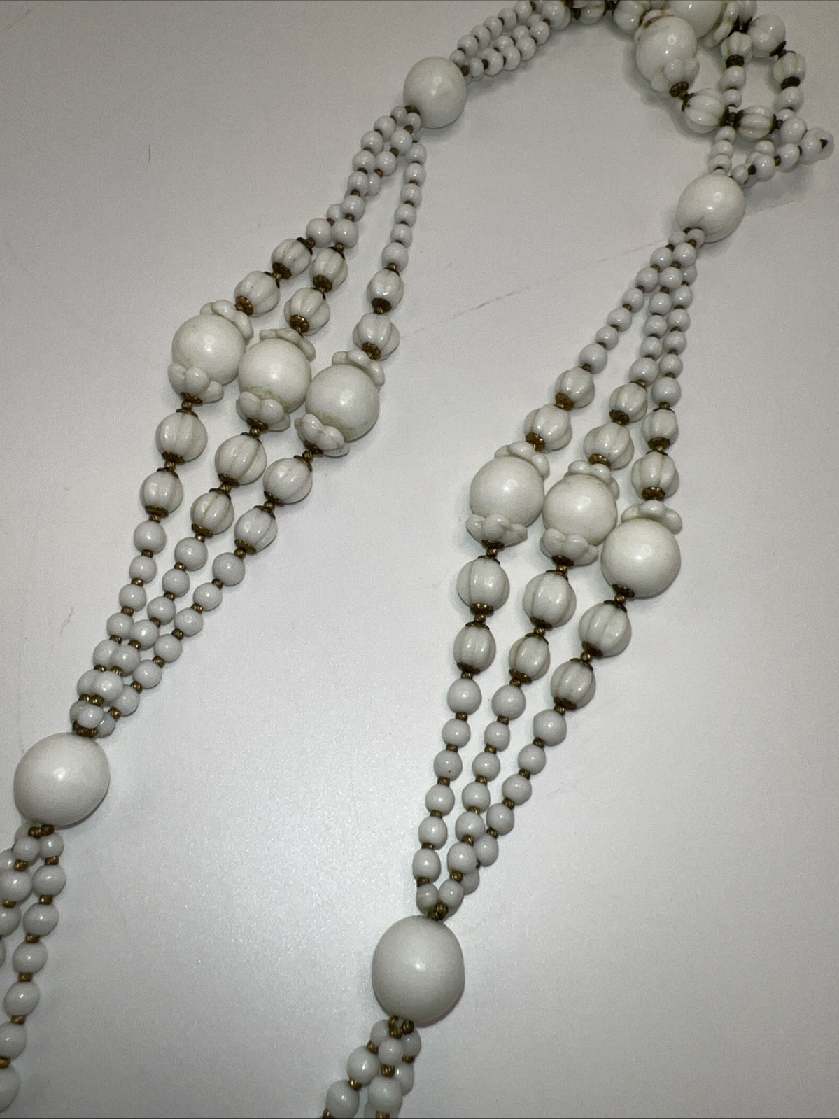 1930s 40s Milk Glass Lariat Necklace Rhinestone Multi Strand Art Deco 34”