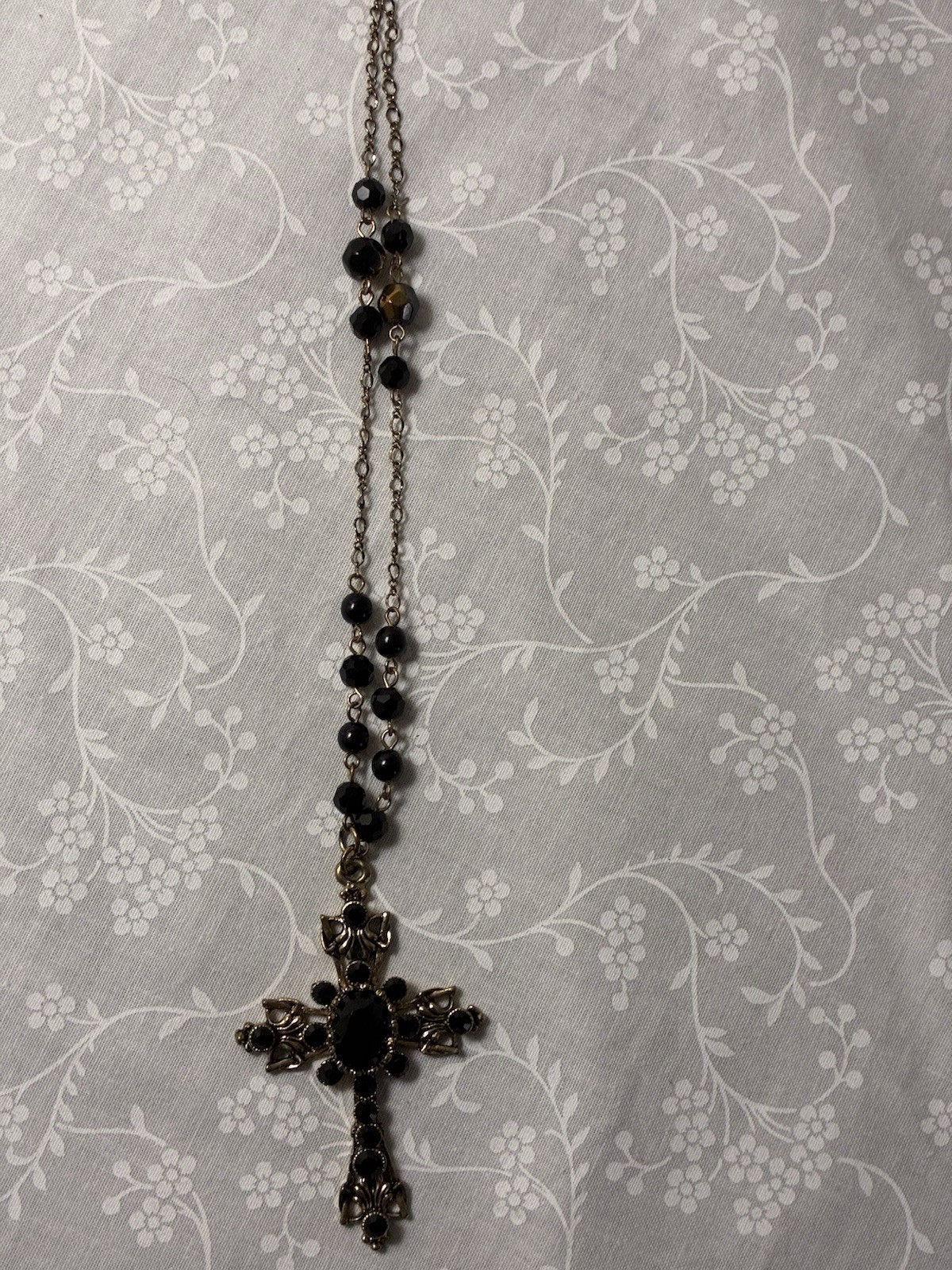 Black 1900 Inspired Onyx Gemstone Cross Rosary Halloween Gothic Necklace
