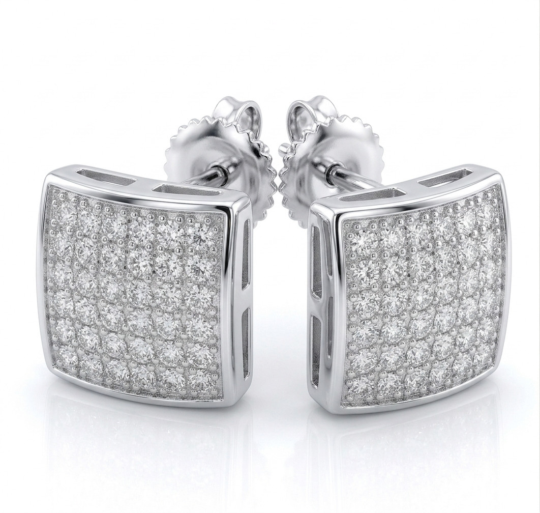 Mens Square Created Diamond Stud Earrings 925 Sterling Silver White Gold
