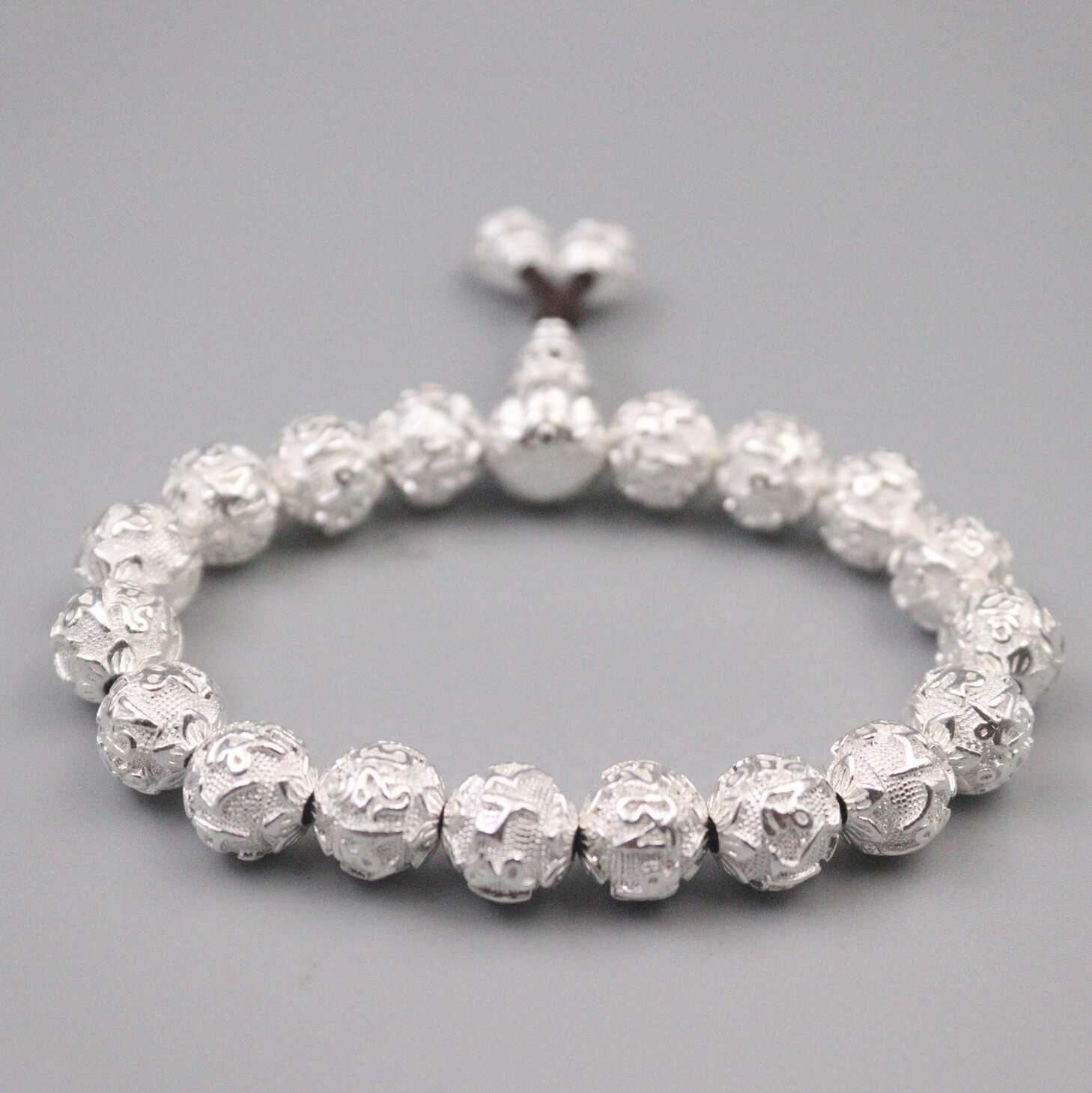Pure Silver Bracelet For Men Women Sutra Mantra Lucky 10mm Beaded Bracelet