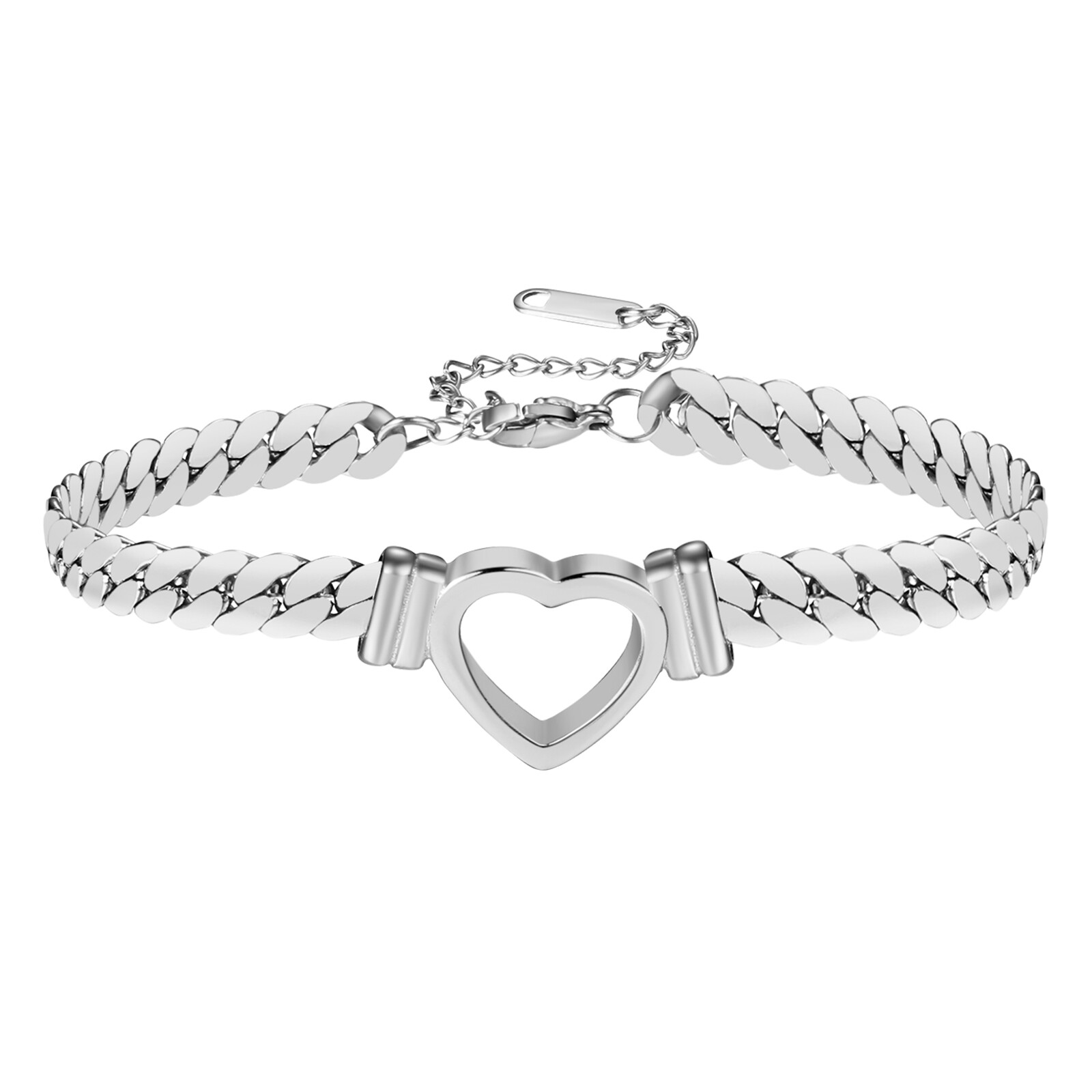 Women’s Chunky Cuban Link Bracelet Stainless Steel Flat Heart Chain Adjustable