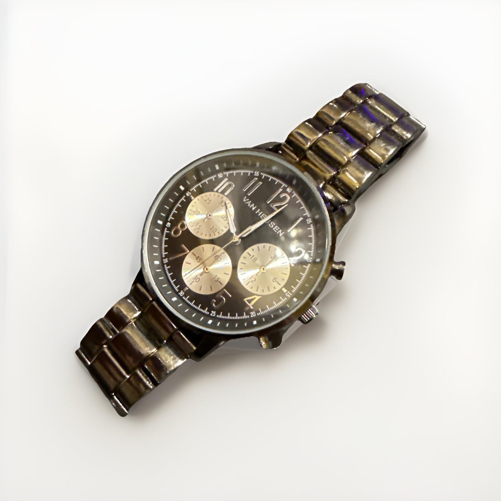 Mens Van Heusen Mens Black Tone Faux Chronograph Watch Works new battery