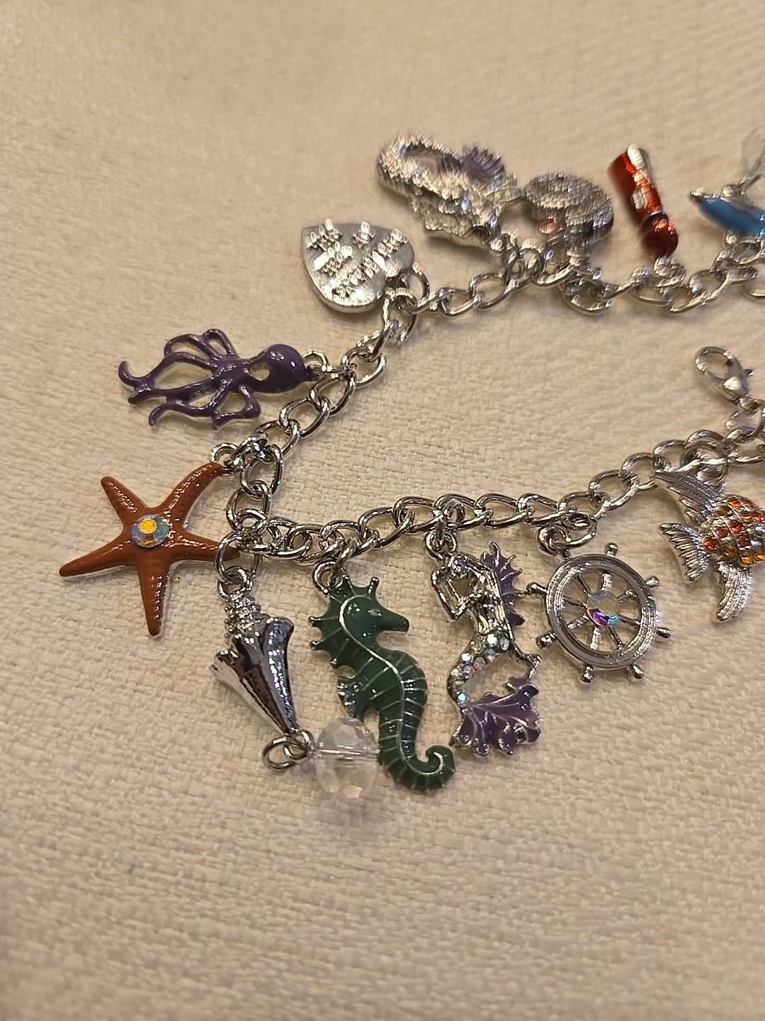 Sea Creatures Charm Bracelet 8″ L Beautiful Silver Tone, 2″extender-10″, Anklet