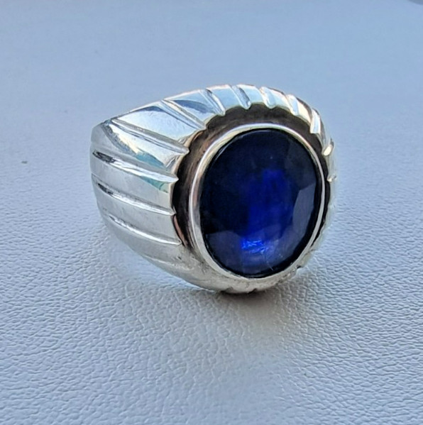 NATURAL 14×12 mm. BLUE SAPPHIRE MEN’S HEAVY 925 STERLING SILVER RING SZ 13.25