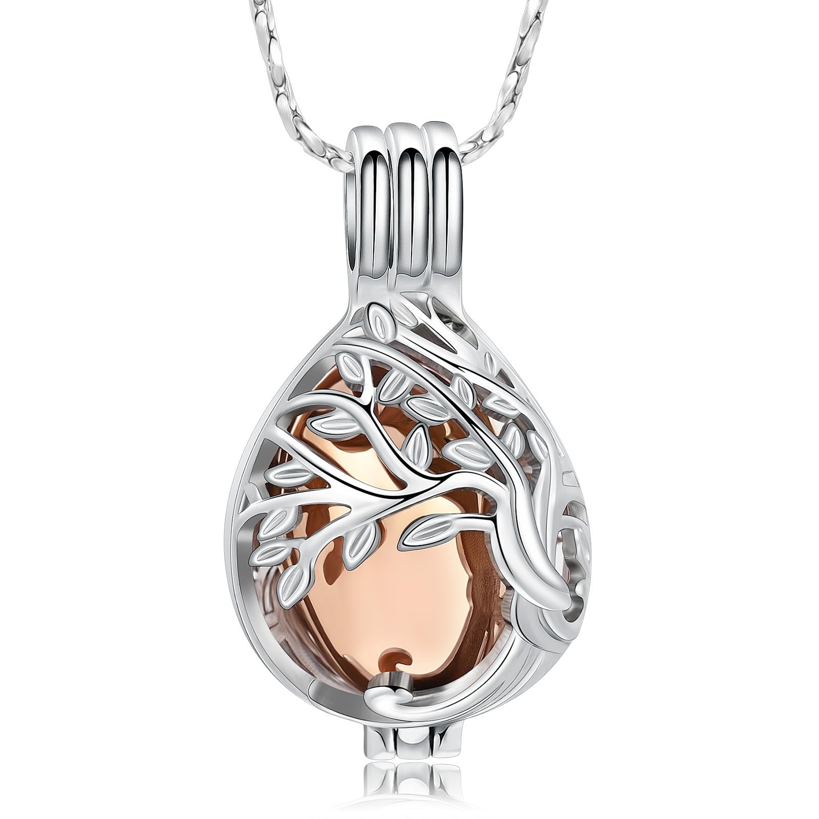 Teardrop Urn Necklace for Ashes Tree of Life Cremation Jewelry (Rose Gold)