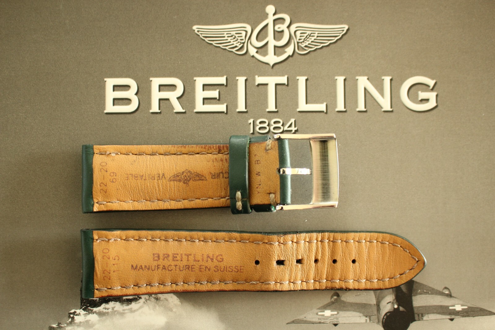 BREITLING UNK# 22-20 BRG GREEN OIL CALF TONGUE BUCKLE WATCH BAND WATCHBAND STRAP