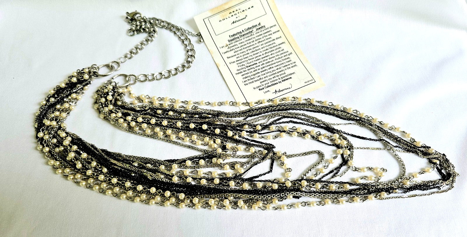 Adrienne 24 Multi Strand Necklace Faux Seed Pearl Silver Black Designer Jewelry