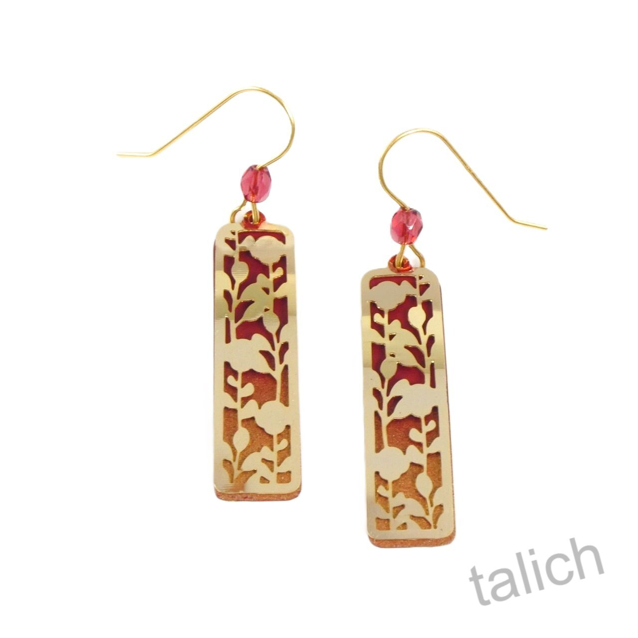 Adajio Earrings Dark Red Rectangle with Shiny Gold Plated Flower Stems Overlay