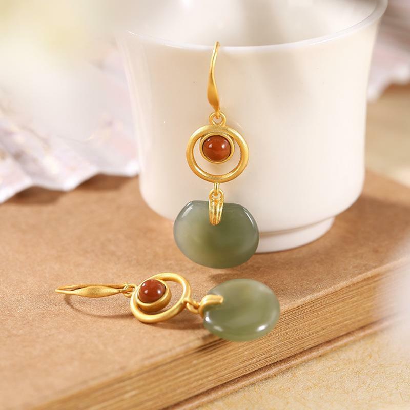 Natural Hetian Jade Hollow Earrings Chinese Retro Women Fashion Jewelry Amulet