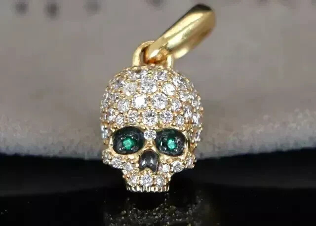 14k Yellow Gold Plated Pave set Lab Created Diamond Memento Mori Skull Pendant
