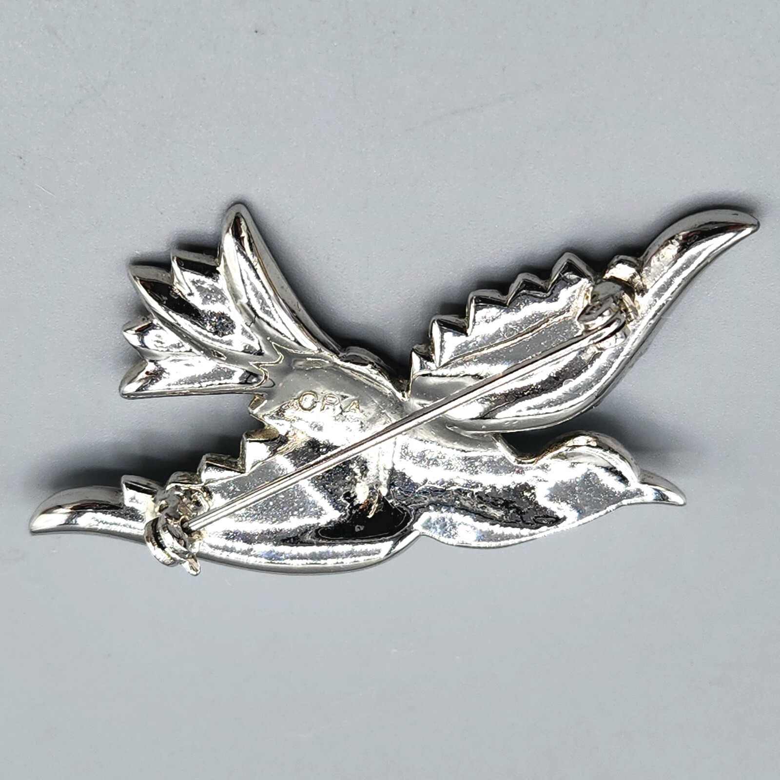 Vintage Retro Ora Signed Figural Blue Rhinestone Rhodium Plate Bird Brooch