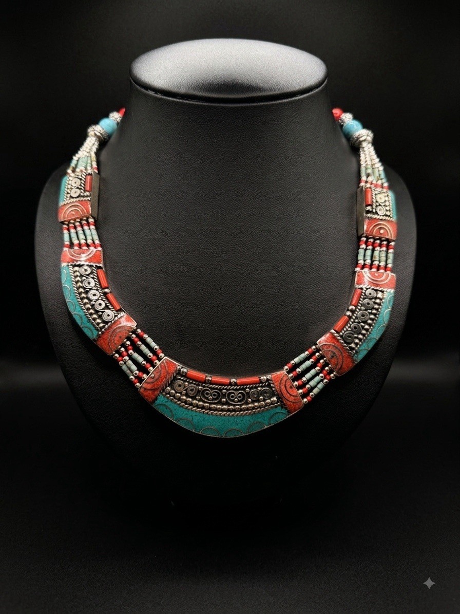 Tibetan Style Vintage Statement Necklace Turquoise Red Beaded Ethnic Tribal Jew