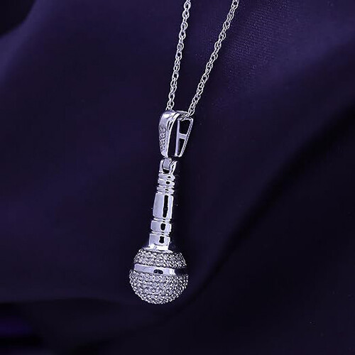Microphone Pendant 18″ Necklace 925 Sterling Silver Round Cut Cubic Zirconia