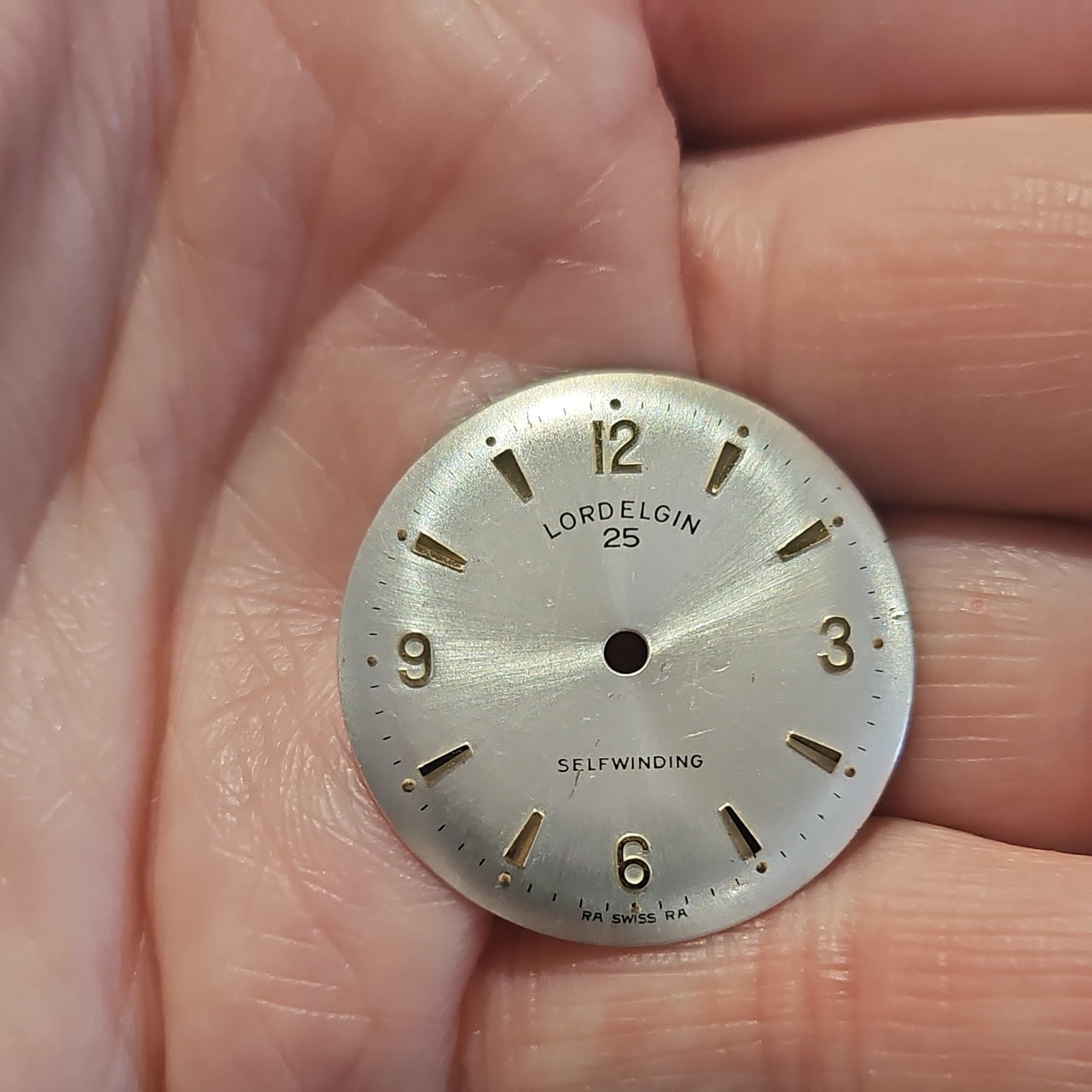 LORD ELGIN 25 SELF WINDING WATCH DIAL APPROX 27MM USED SILVER & GOLD
