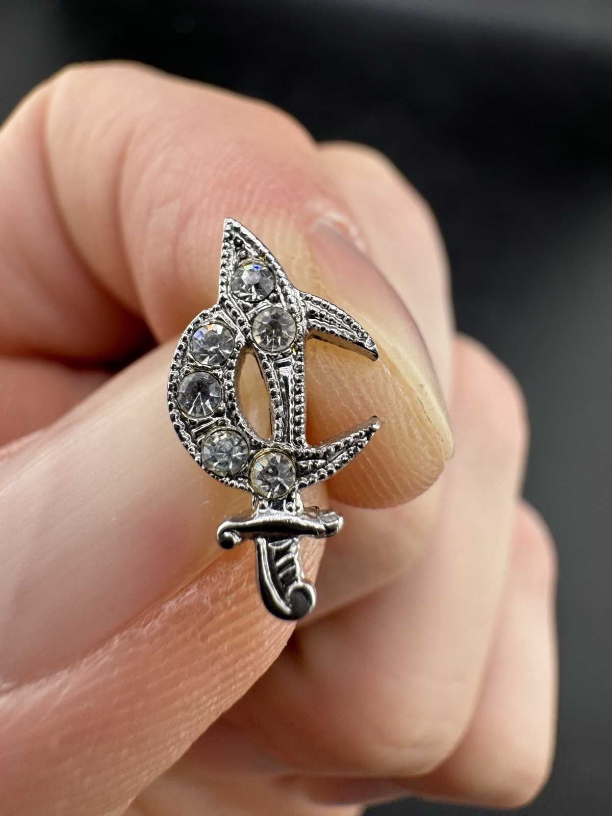 925 Sterling Silver Vintage C Z Crescent and Sable Pin No Backing