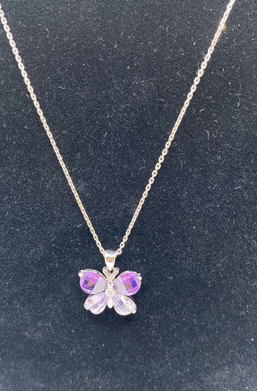 Sterling Silver 925 Purple Clear Crystal Butterfly Necklace Earrings Set 18″