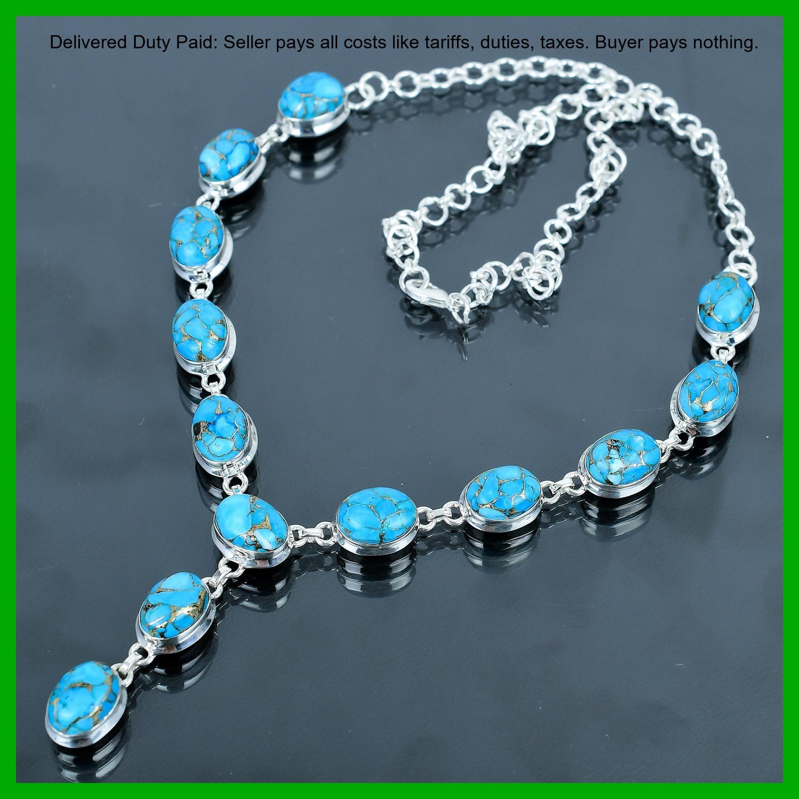 Sterling Silver Copper Blue Turquoise Gemstone Wedding Chain December Necklace
