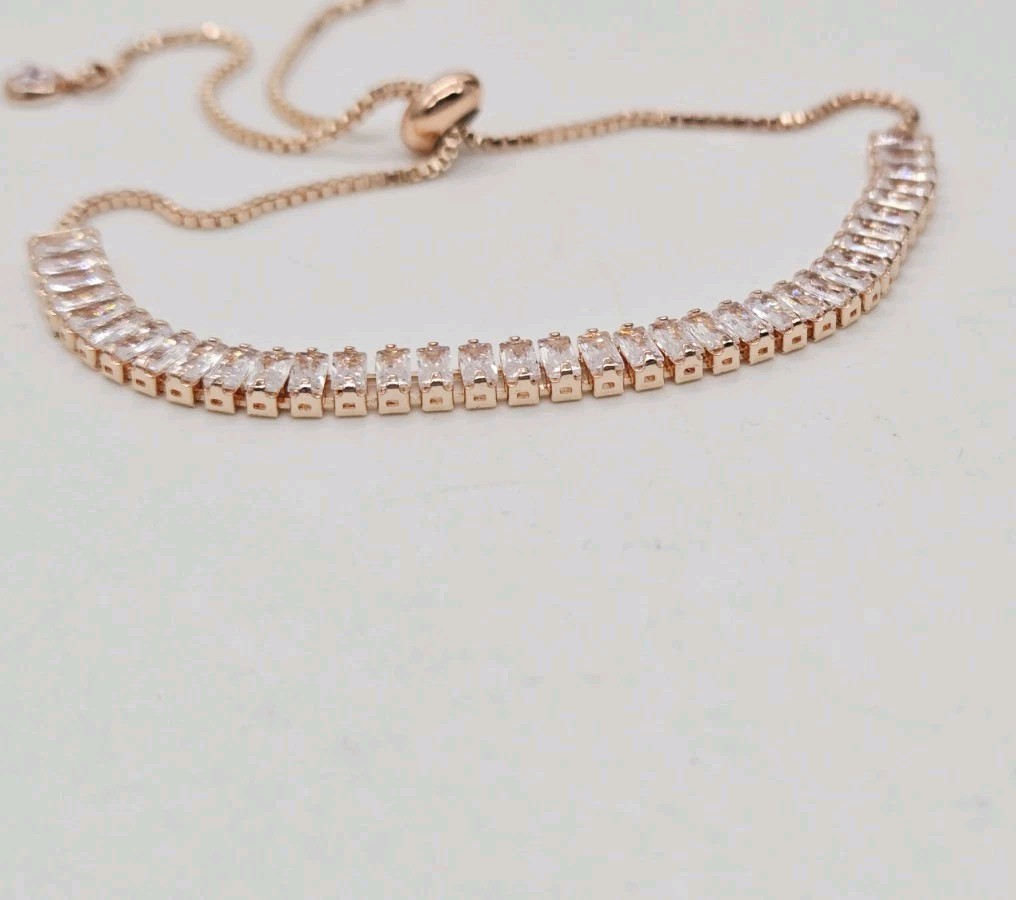 Tennis Bracelet Crystal Rhinestone Baguette Rose Gold Tone Drawstring Closure