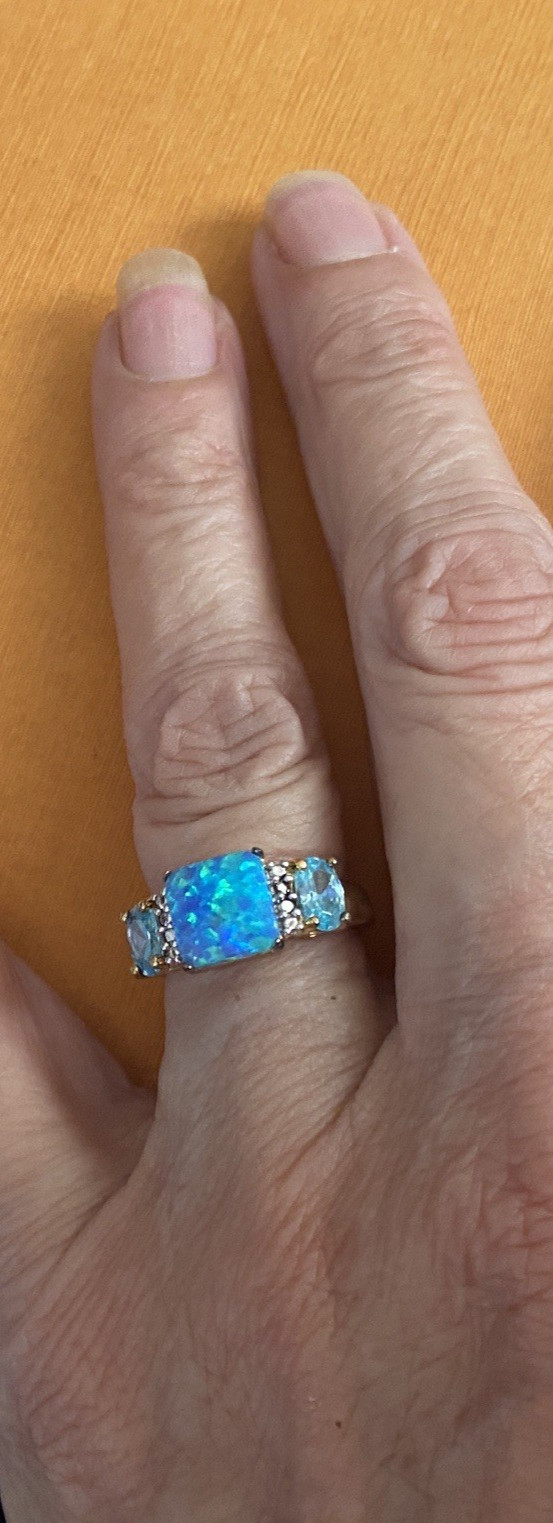 New TECHNIBOND Blue Lab Opal Topaz White CZ Necklace Ring Set HSN Lot