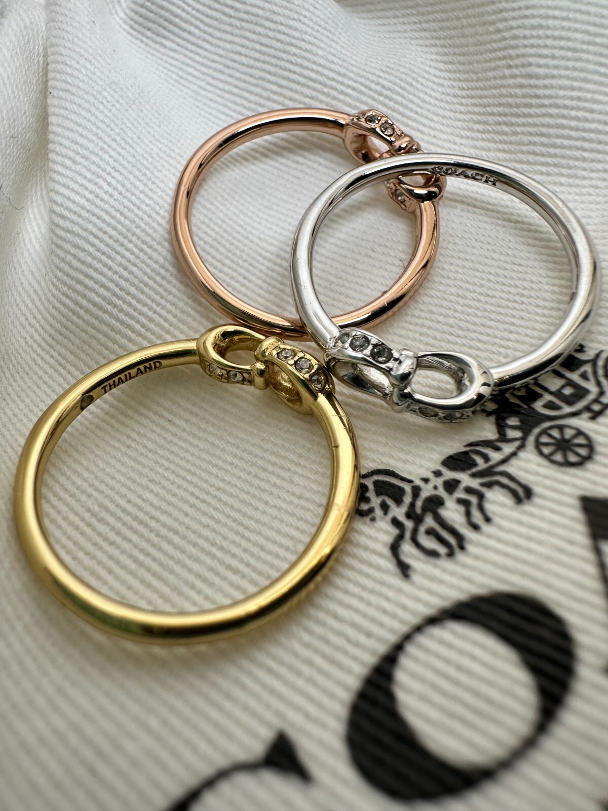 Coach Interlocking C Pavé Ring Set Size 7 Tri Tone Gold Silver Rose Gold