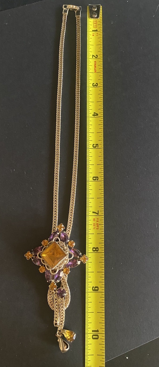 Fixed-Pendant Lariat Necklace Faux Citrine & Amethyst Herringbone Chain ’70s VTG