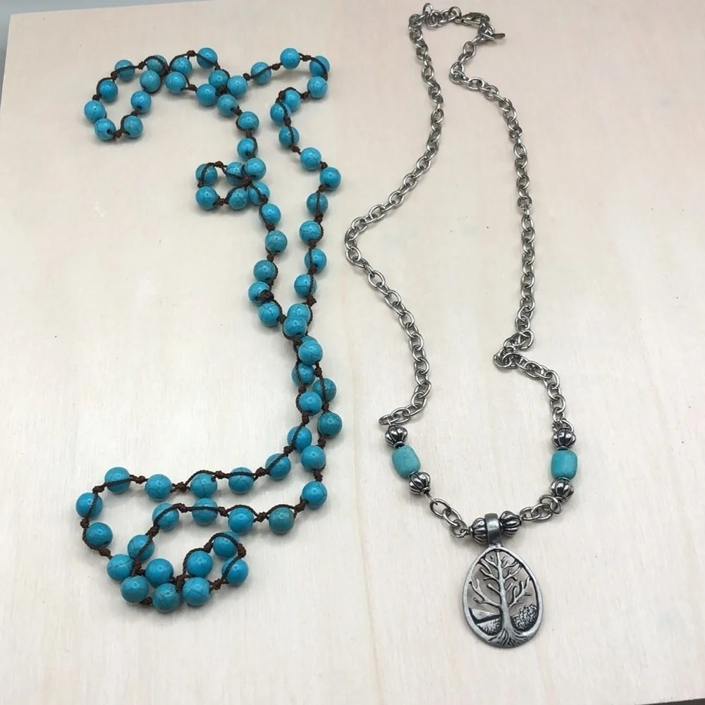 Blue Round Stone Beaded Necklace Silver-Tone Oval Tree of Life Charm Pendant