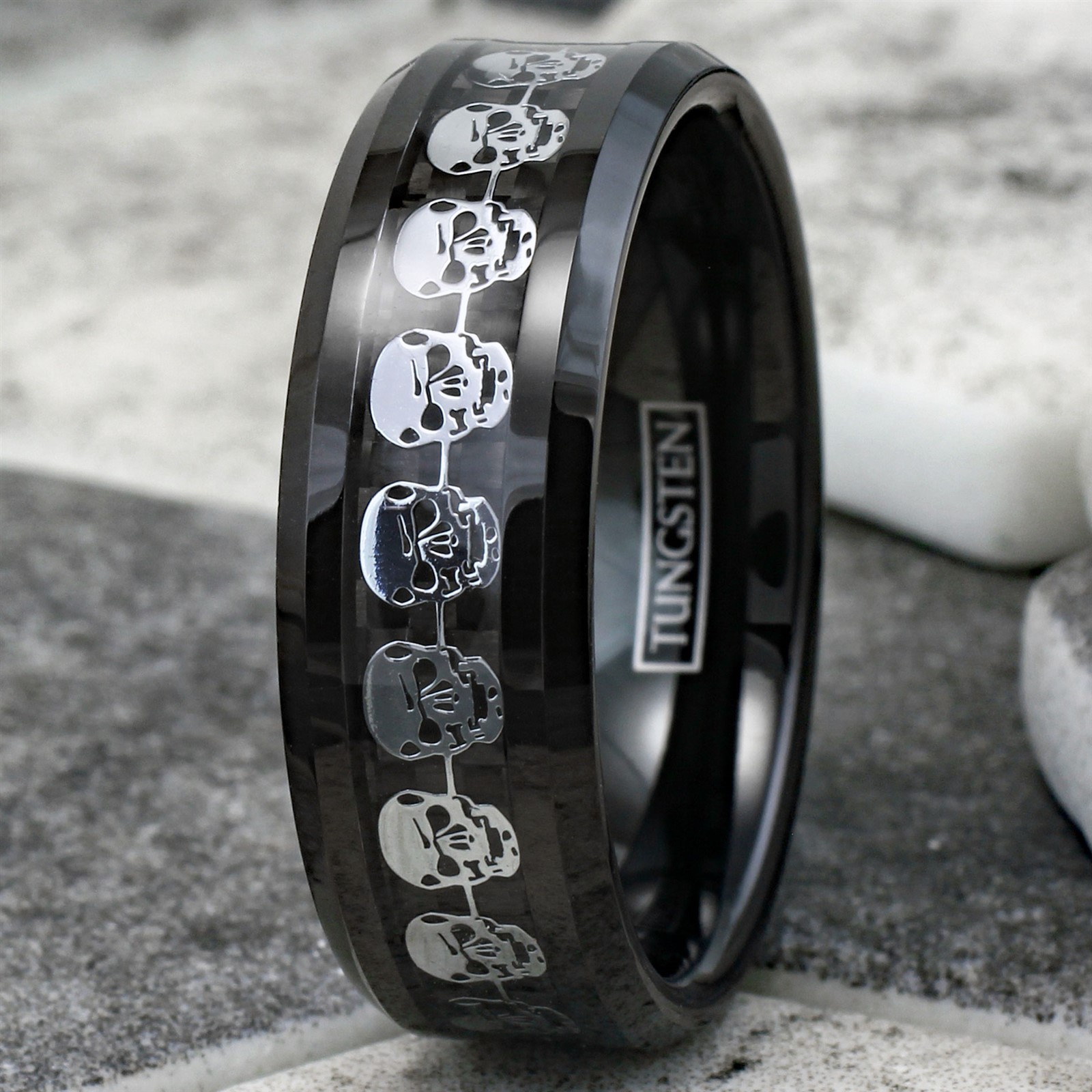 Black Tungsten Carbide Men’s Silver Skull over Carbon Fiber Wedding Band Ring