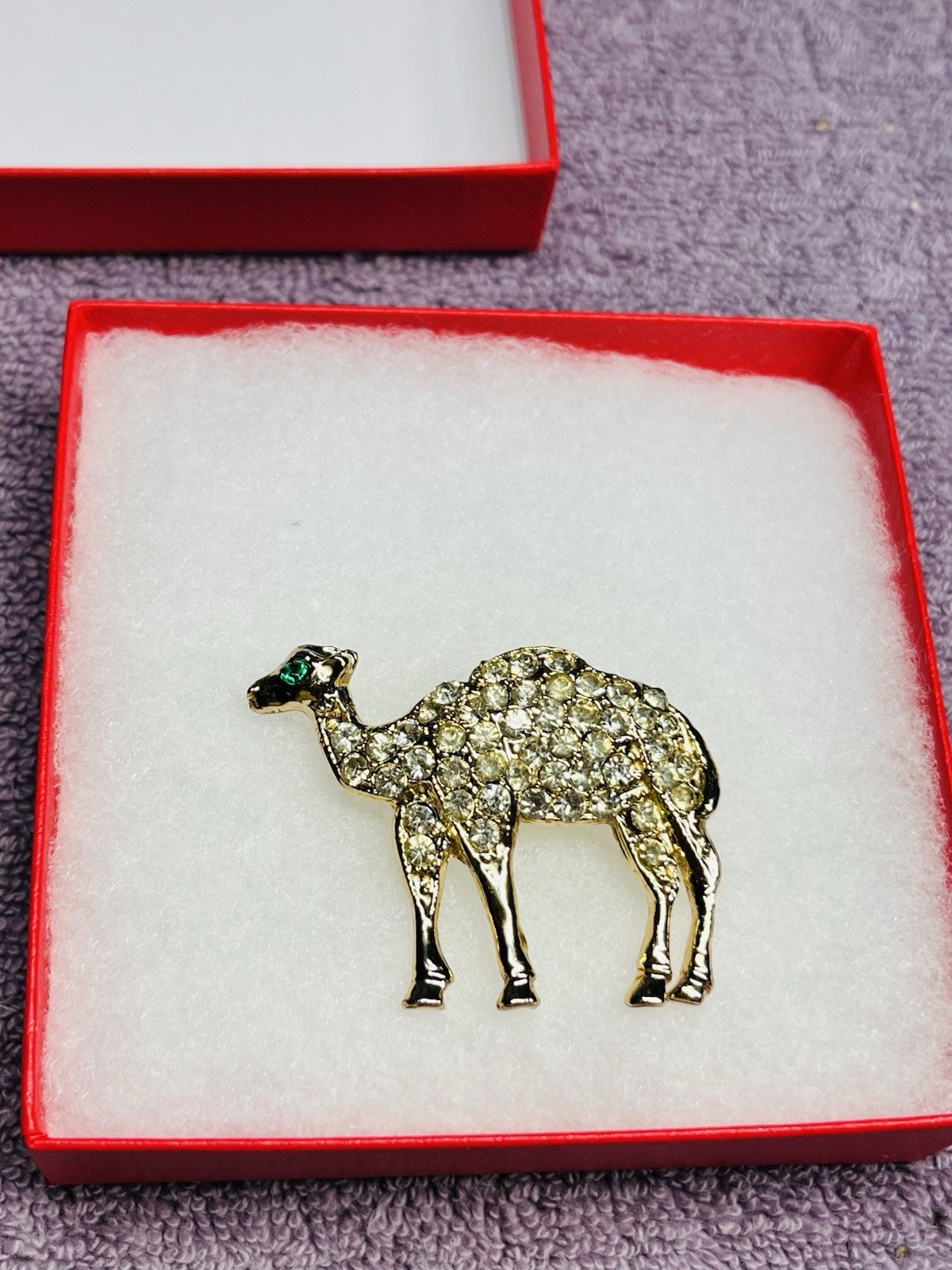 Vintage Gold Tone Camel Brooch/Pin with Clear Rhinestones & Green Rhinestone Eye