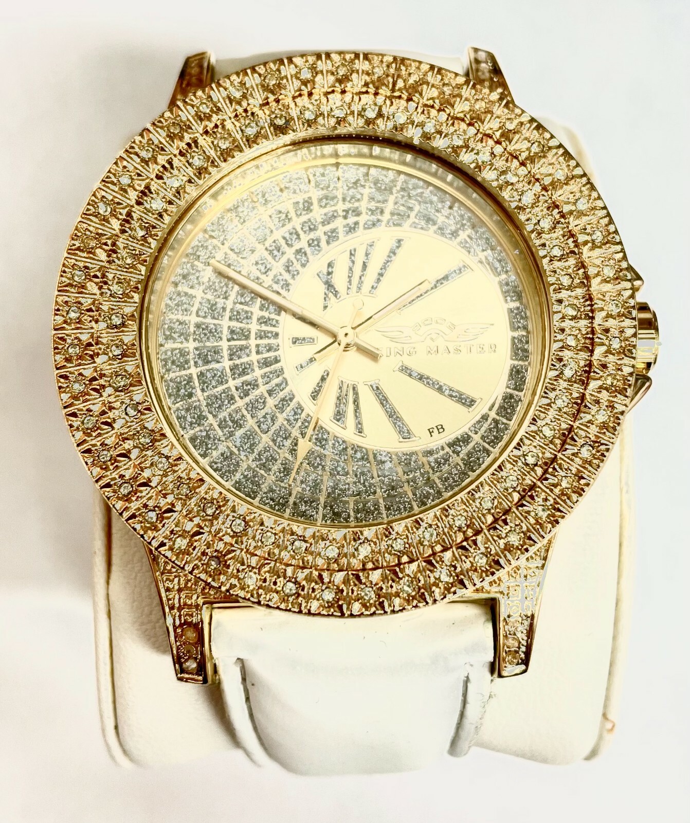 King Master Men’s CZ Stone Gold-tone Stainless Steel Leather Watch