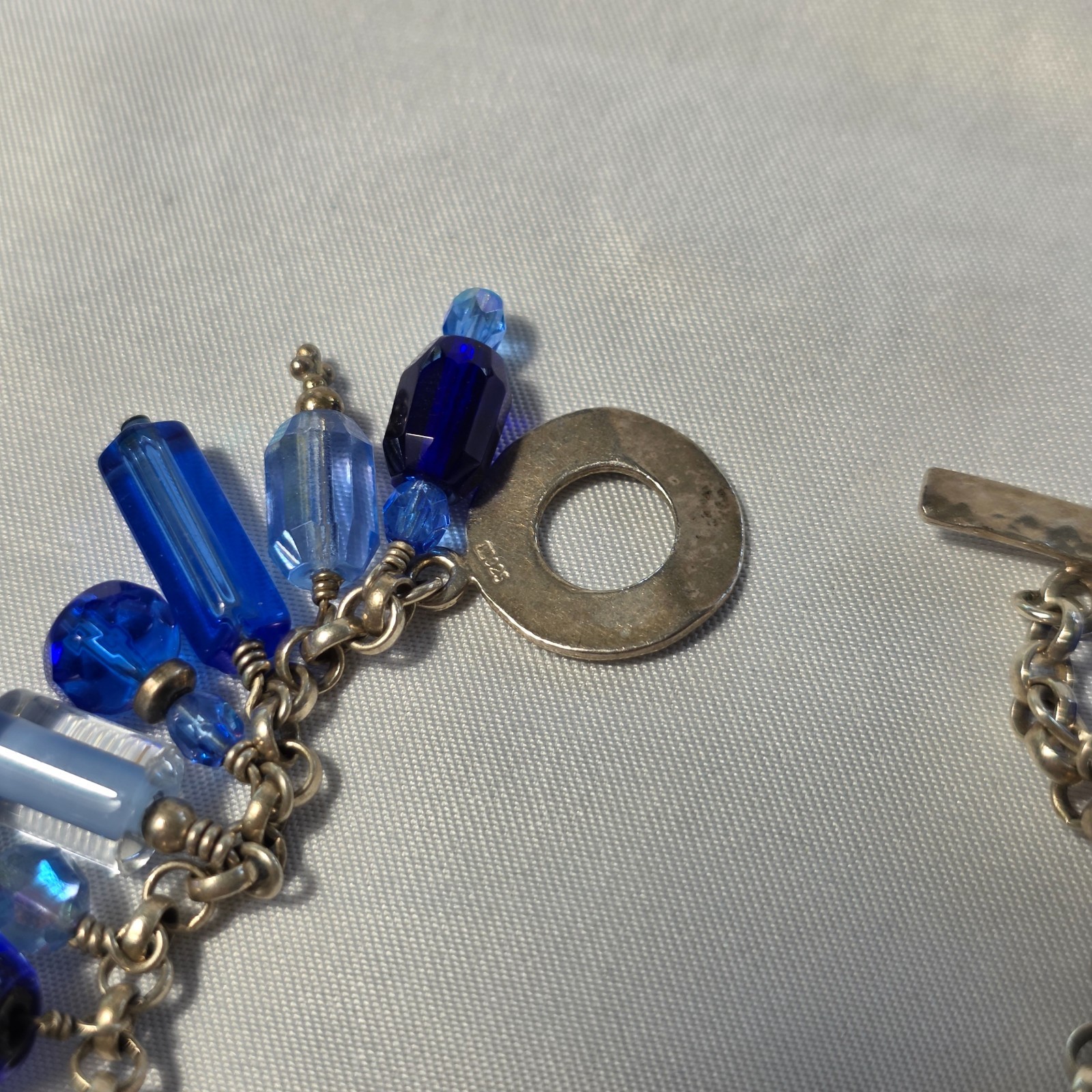 925 Sterling Silver Beaded Dangle Bracelet Cobalt Blue & Light Blue Glass Beads