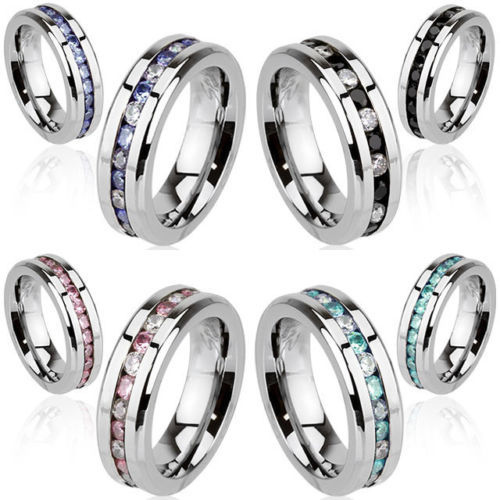 Stainless Steel Eternity Gems Ring Blue, Black, Pink, Aqua Mens Womens Unisex