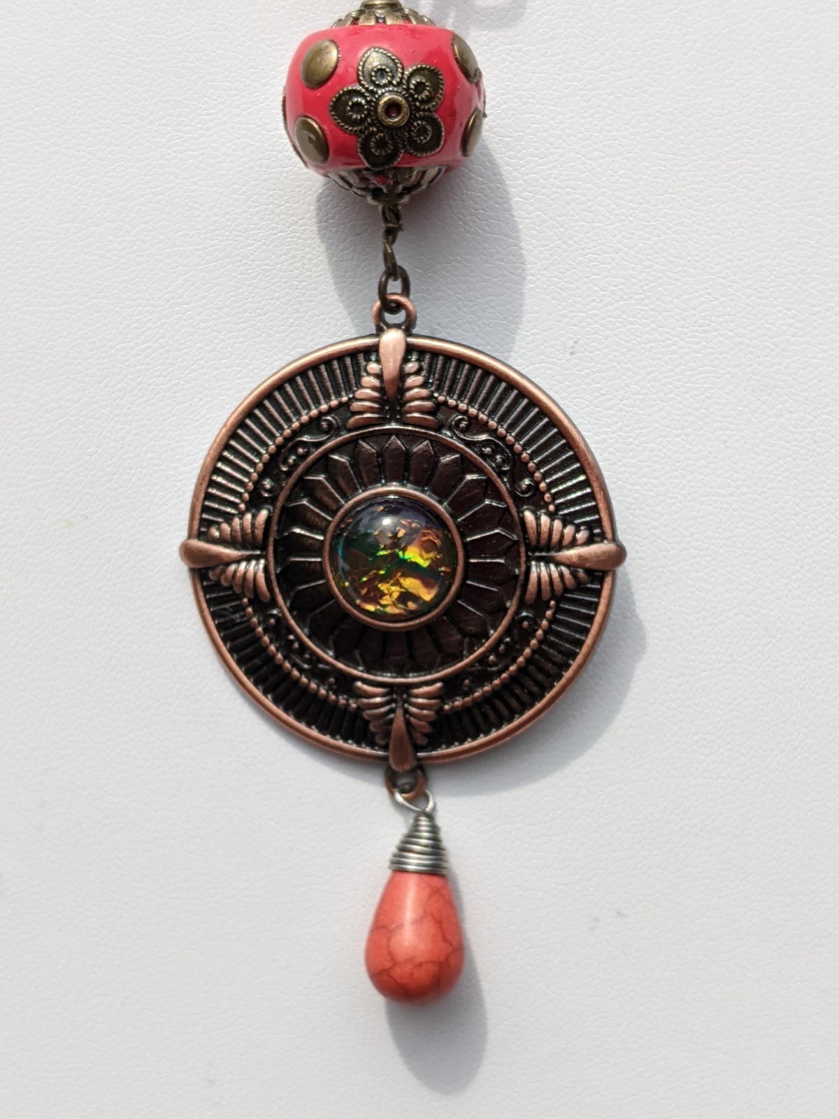 Copper Medallion on a Long Tri-colored Chain Necklace
