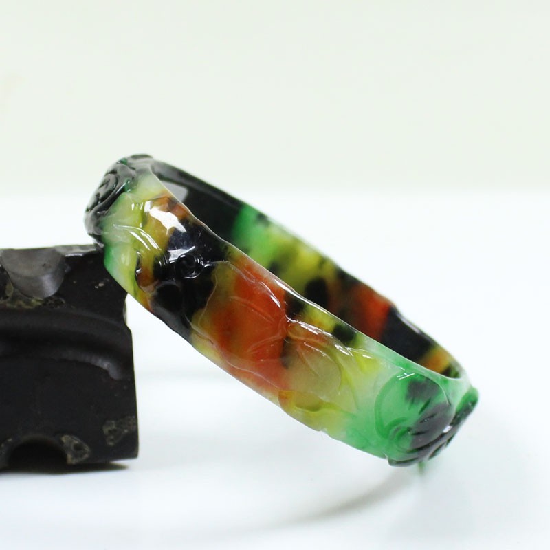 61mm Real Natural Ice Multicolor Burmese Jade jadeite Carving Bracelet Bangle