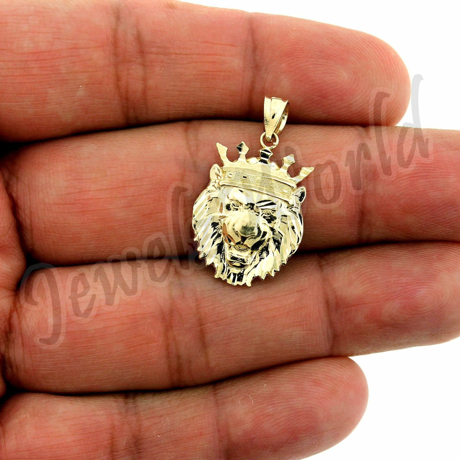 10K Yellow Gold Men’s Crown Lion Head Charm Pendant Diamond Cut & Rope Chain