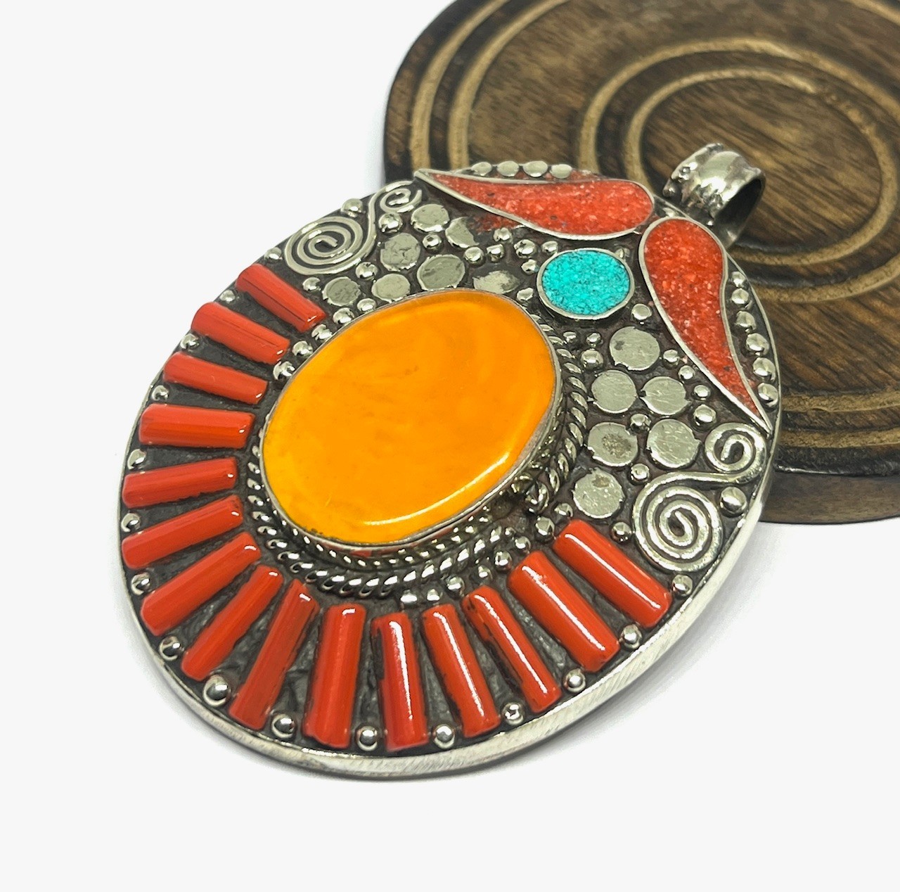 Art Deco Amber Coral Gemstone Tibetan Style Boho Pendant Jewelry, 2.8 inch